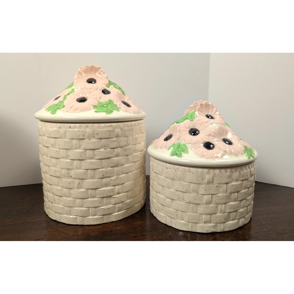 Vintage Ceramic Basket Weave Canisters Pink Daisy Flower Lids Speckled Stoneware